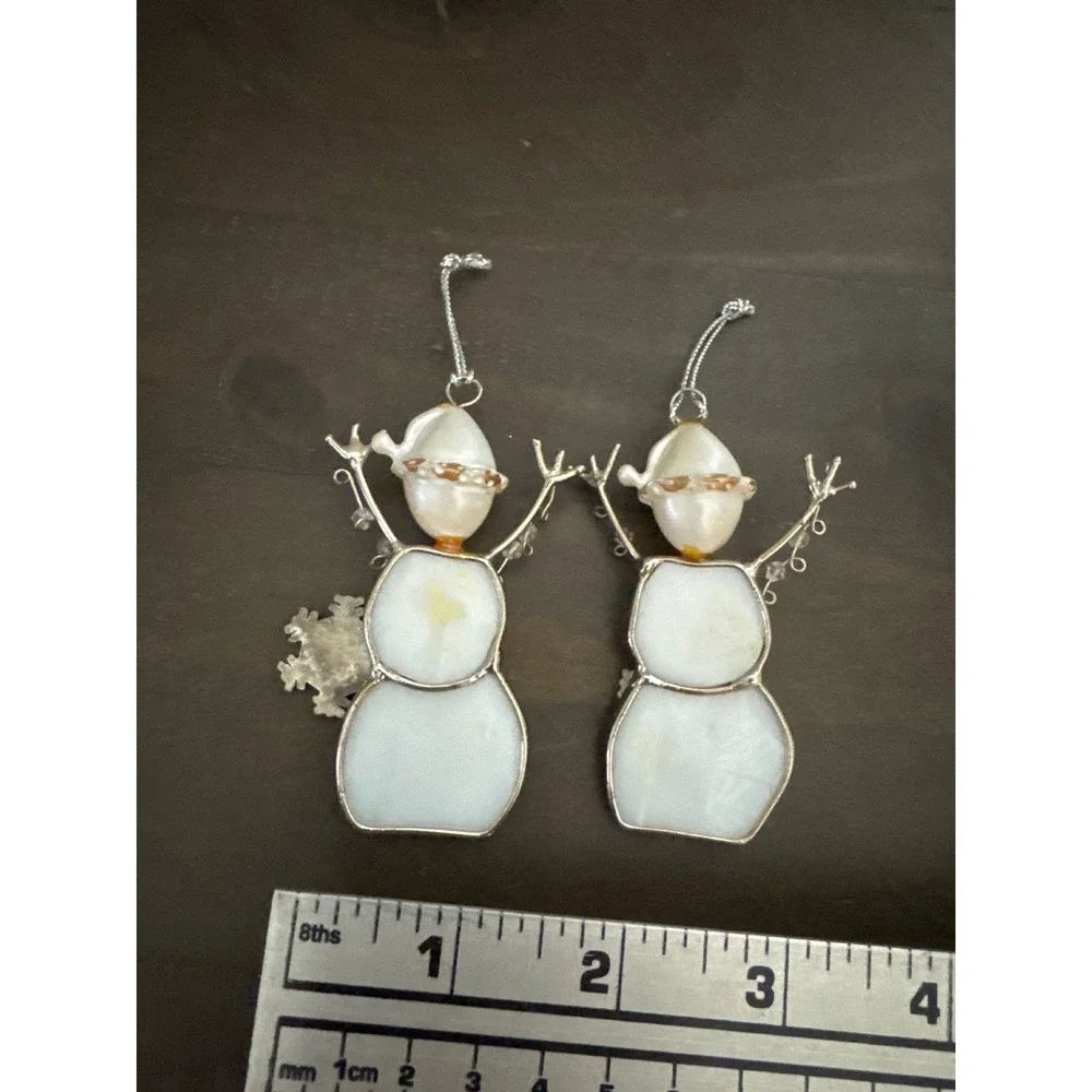 Stained Glass Snowman Ornaments Set of 2   Best Grandma and Best Grandpa Silver